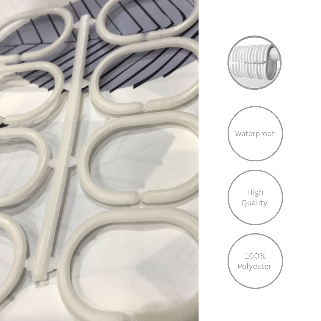 Waterproof Shower Curtain, 100% Polyester with Metal Grommets, High Quality, White 180x180cm With 12 pcs ring