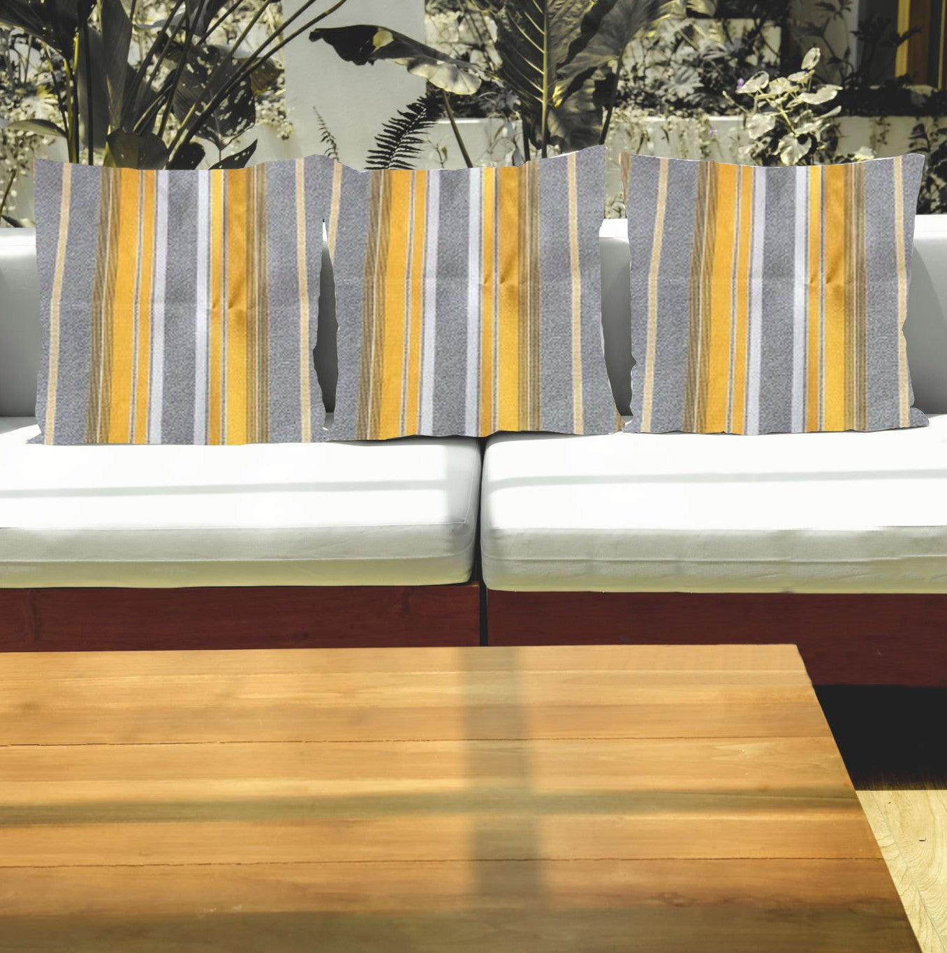 Outdoor Decorative Cushion Covers, 45 x 45 cm, Striped Yellow and Grey, Set of 3, Waterproof